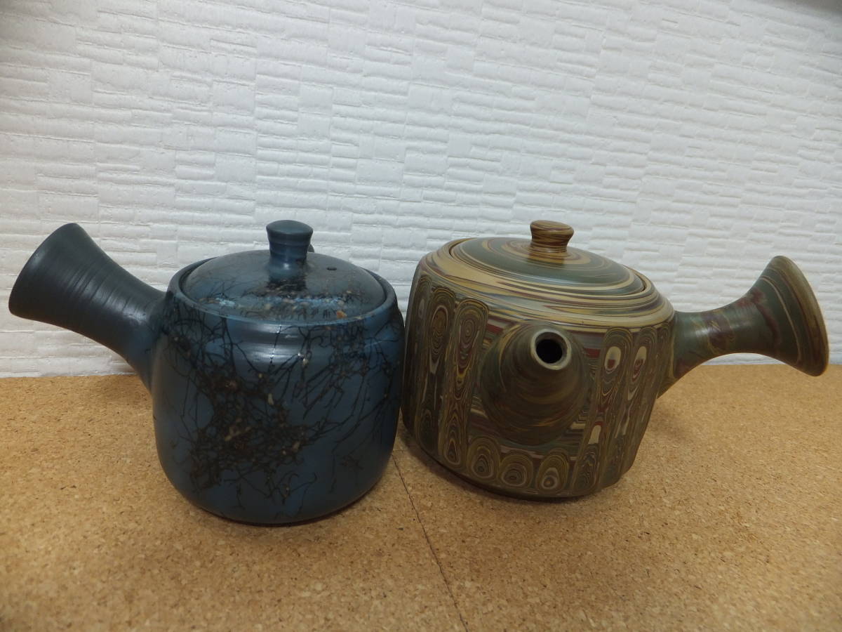 中古 常滑焼 小西 友仙 急須 2点セット 緑泥 練込 茶注 茶道具 陶芸 陶器 煎茶器 在銘 緑 青色 レトロ TOKONAMEYAKI とこなめ焼 ④ TEA POT_画像1