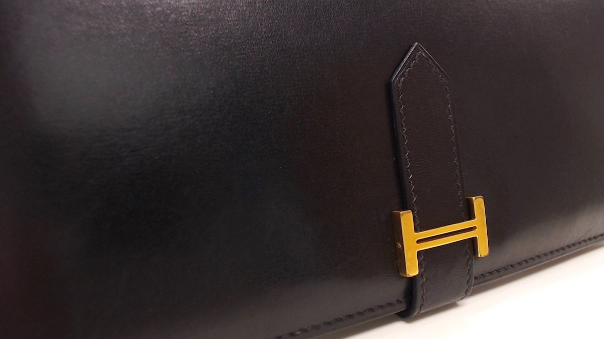 1円美品☆エルメス☆ベアンクラシック ボックスカーフ 黒 G金具 □H