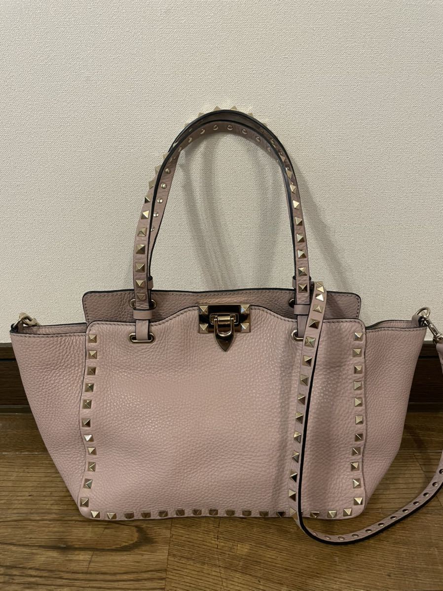美品 VALENTINO GARAVANI ヴァレンティノ ガラヴァーニ ロックスタッズ ハンドバッグ ショルダーバッグ 2WAY ミニ スモール ピンクベージュ