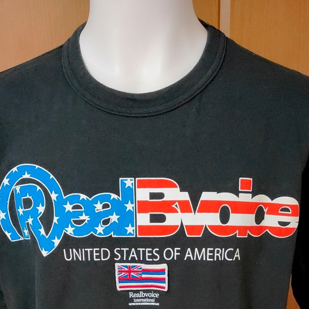 RealBvoice半袖TシャツL 黒 アメリカ国旗ロゴプリント×イギリス国旗ワッペン刺繍がおしゃれ！ リアルビーボイス