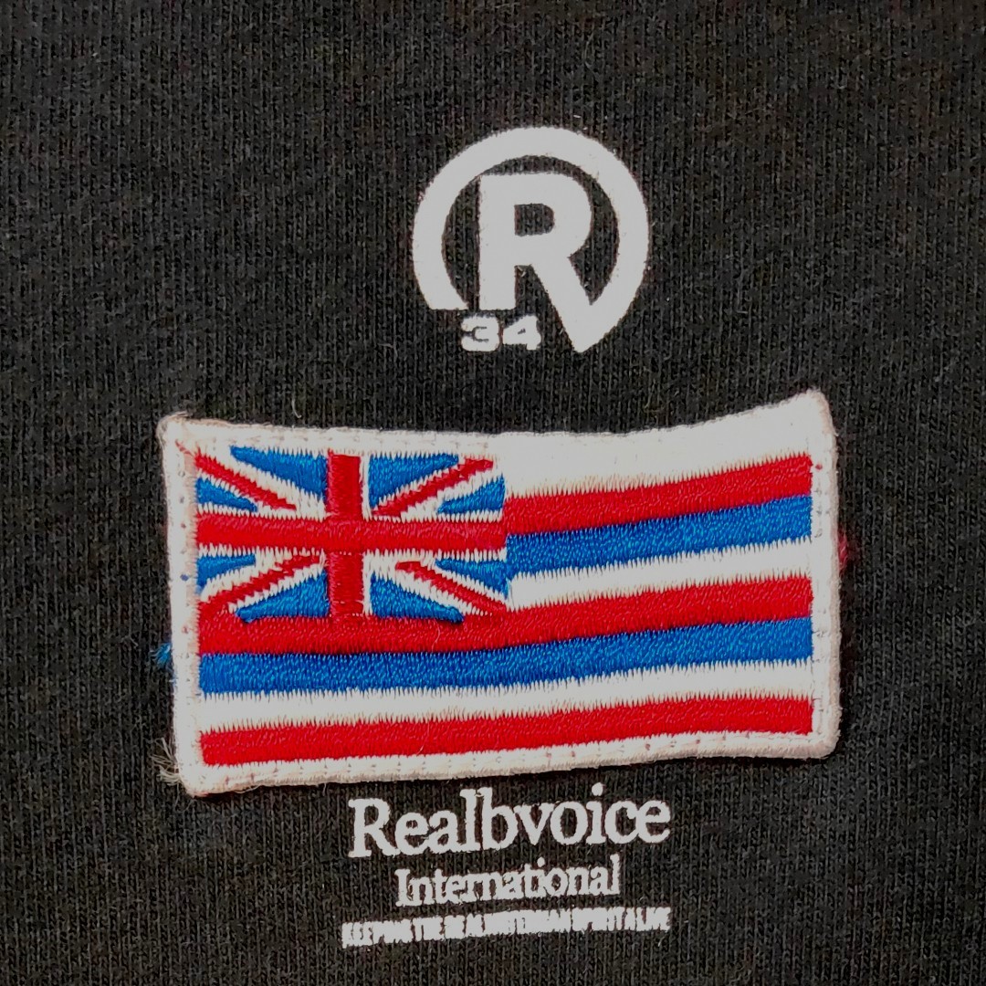 RealBvoice半袖TシャツL 黒 アメリカ国旗ロゴプリント×イギリス国旗ワッペン刺繍がおしゃれ！ リアルビーボイス