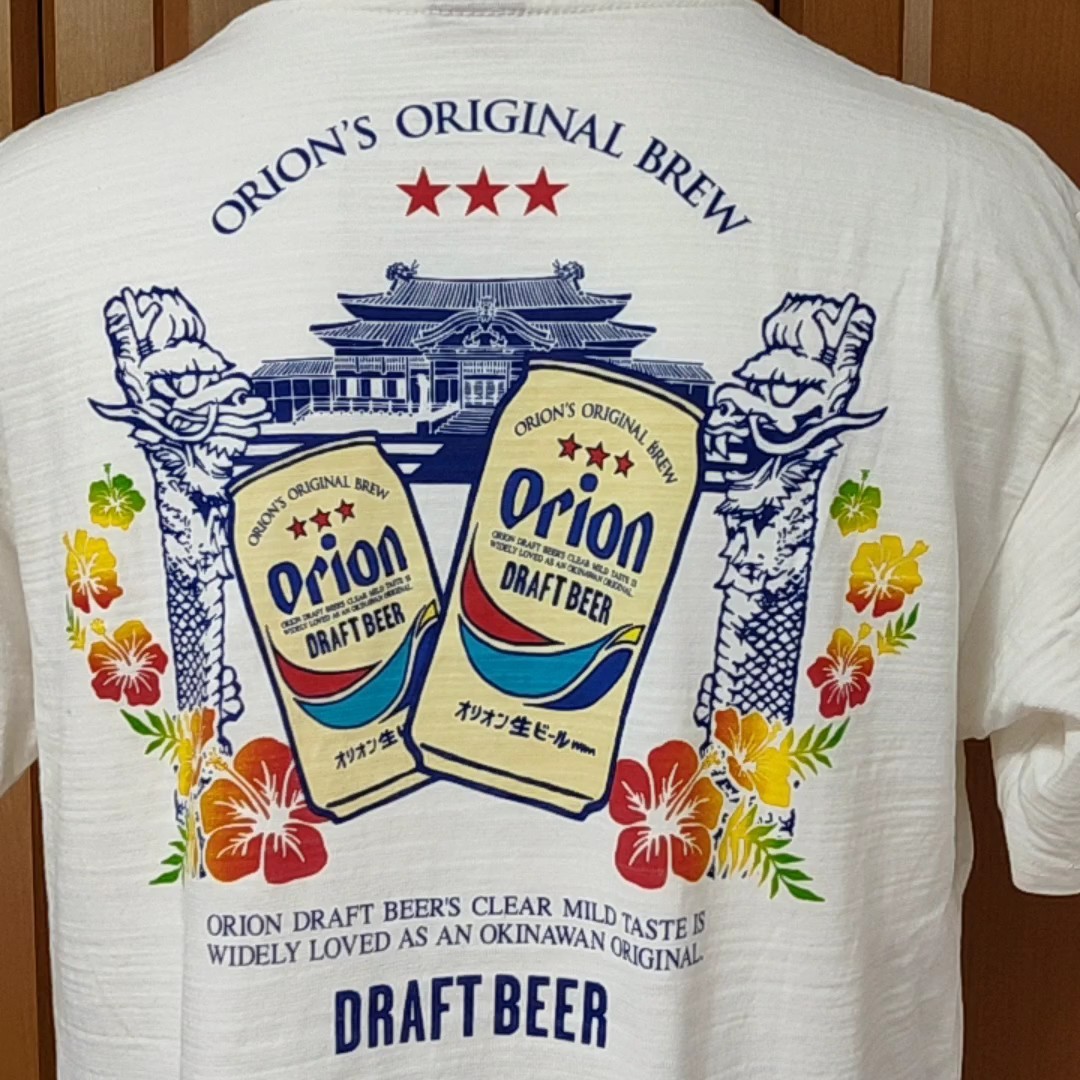 オリオン生ビール 半袖TシャツL 白/生成 掠れた織り柄がおしゃれ！ 紅や・正規品 ORION DRAFT BEER 首里城も