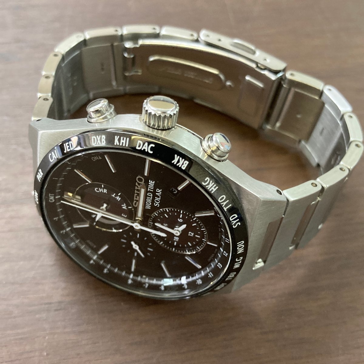 メンズ極美品【稼働品】SEIKO セイコー ワールドタイム V195 ブルー シルバー時計