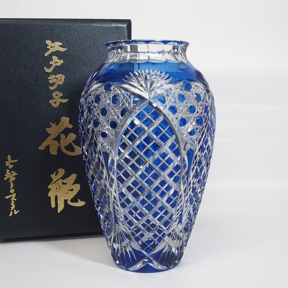 f002 D3 未使用 カガミクリスタル 江戸切子 花瓶 花器 色被せ 青