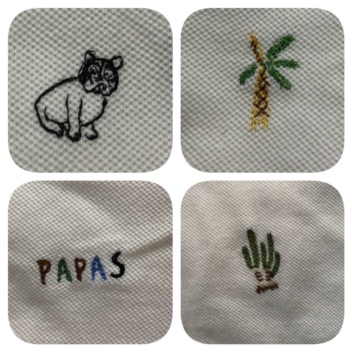 3150《Papas パパス》ロゴ 犬 植物刺繍 総柄 コットン 半袖 ポロシャツ ホワイト L_画像5