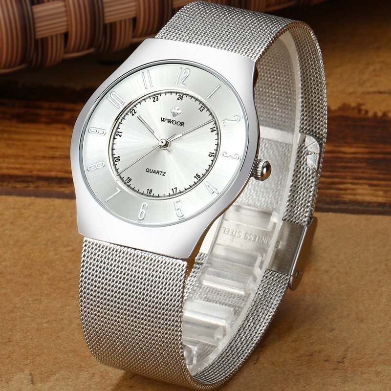 腕時計 メンズ WWOOR 海外ブランド 高級 防水 メッシュバンド クオーツ 薄型 ビジネス スリム シルバー_画像8