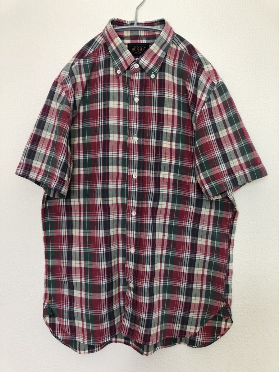 日本製 ビームスプラス マドラスチェック半袖シャツ ボタンダウンシャツ Mサイズ チェック柄 コットンシャツ _画像1