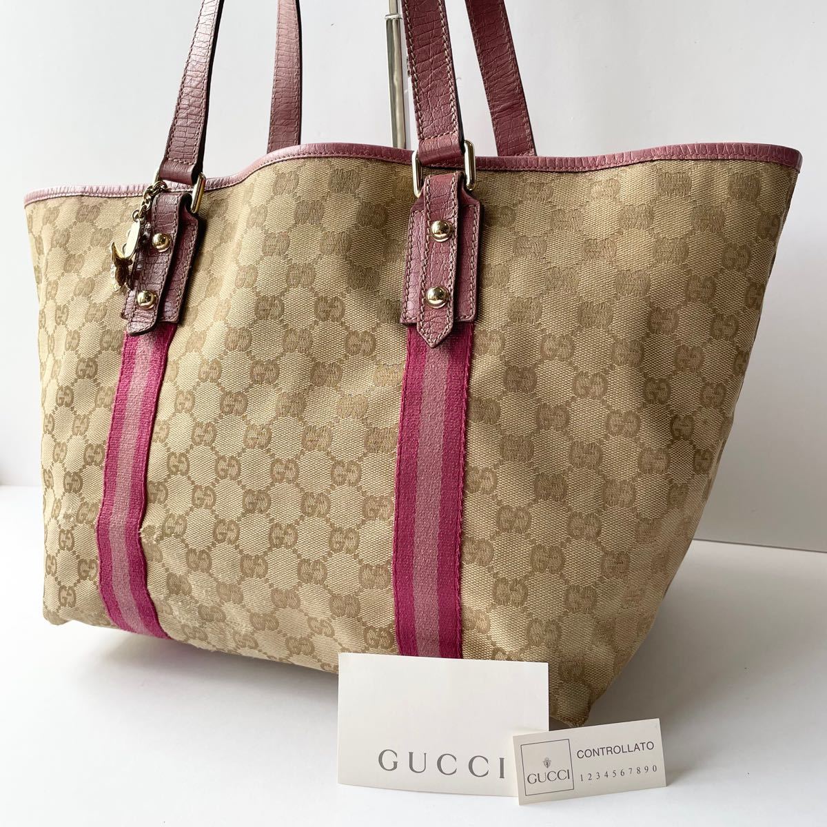 GUCCI グッチ トート ショルダー バッグ GG キャンバス シェリーライン 蝶チャーム付 ホースビット