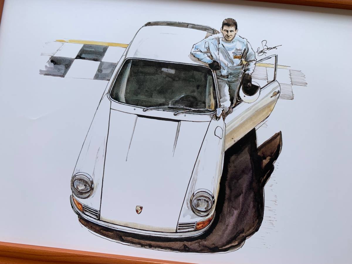 ■BOW。池田和弘『Porsche 911』B5サイズ 額入り 貴重イラスト 印刷物 ポスター風デザイン 額装品 アートフレーム インテリア 旧車_画像2