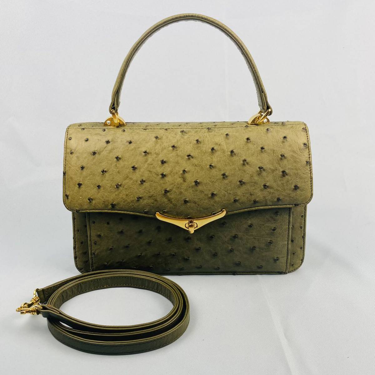 ☆美品☆ 即決 オーストリッチ 2way ハンドバッグ グリーン ゴールド
