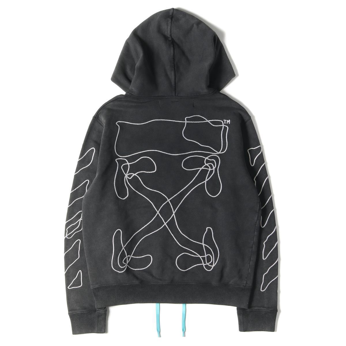 美品 OFF-WHITE オフホワイト パーカー オーバーダイ加工 アローマーク スウェットパーカー ARROWS SLIM HOODIE 19AW  ブラック 黒 L