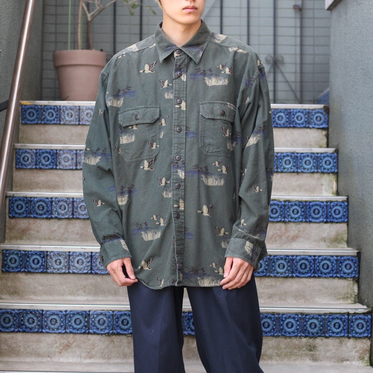 USA VINTAGE WOOL RICH DUCK PATTERNED LONG SLEEVE SHIRT/アメリカ古着ウールリッチ鴨柄長袖シャツ_画像1