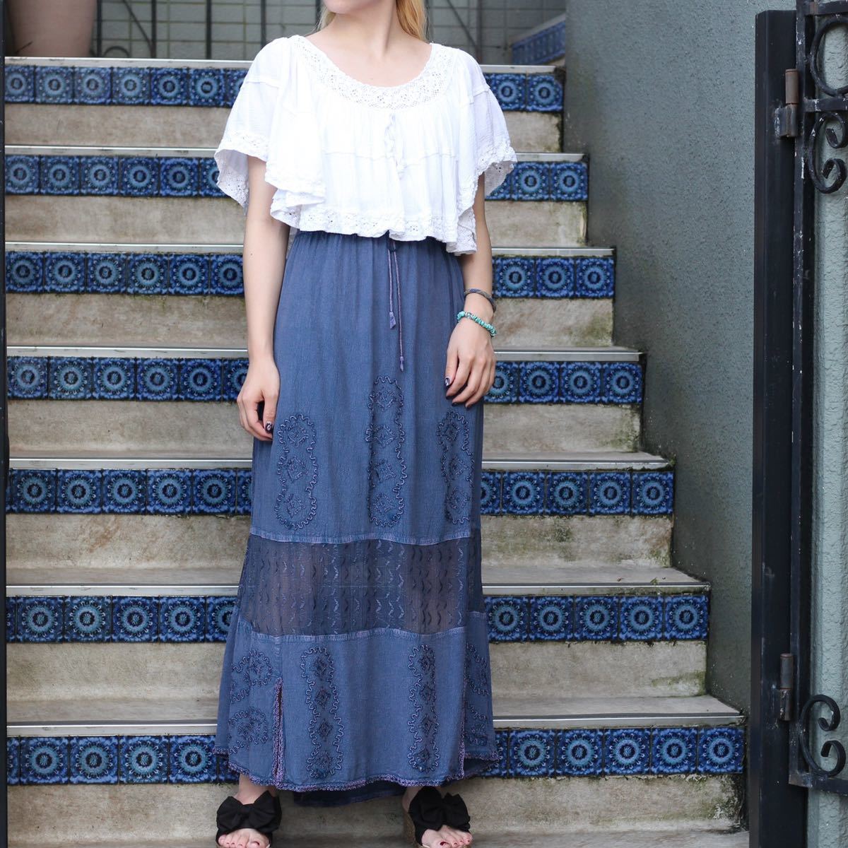 USA VINTAGE EMBROIDERY SEE THROUGH DESIGN LONG  SKIRT/アメリカ古着刺繍シースルーデザインロングスカート