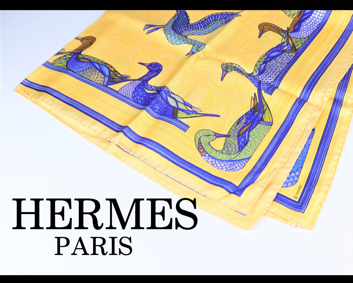【未使用に近い】 HERMES La Mare aux Canards エルメス カレ90 あひるの池 100％シルク 大判 スカーフ オレンジ ブルー 012FSWY99_画像1