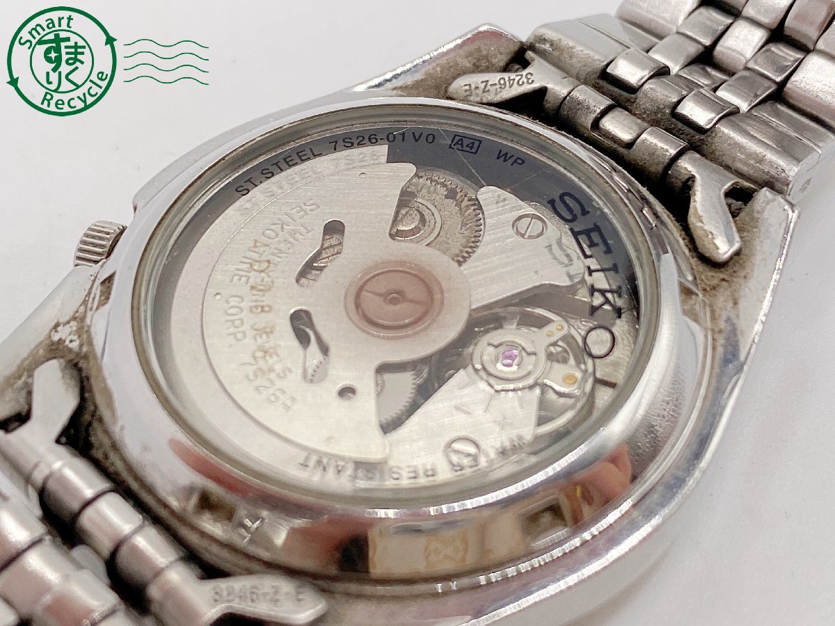 0840885　▽ SEIKO 5 セイコー ファイブ 7S26-01V0 メンズ 腕時計 AT 自動巻き 21石 デイデイト 裏スケルトン シルバー 黒文字盤 中古_画像7