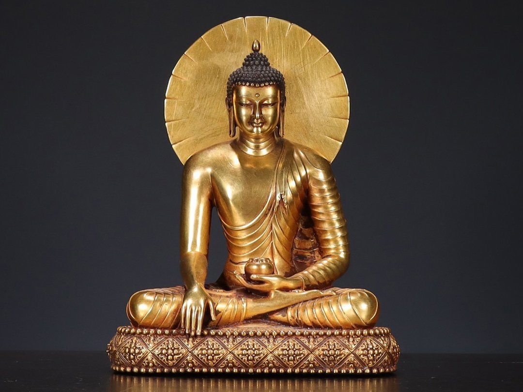 大成古美術 仏教古美術 銅胎塗金彫刻 釈迦牟尼仏造像 検 明代 古寺買取 