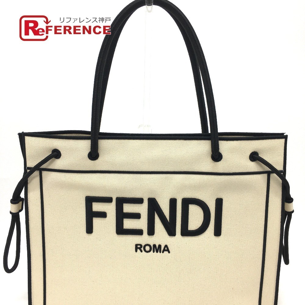 FENDI フェンディ 8BH379 ロゴローマ ショッパー ラージ トートバッグ キャンバス グレッゾナチュラルベージュ&ブラック【中古】