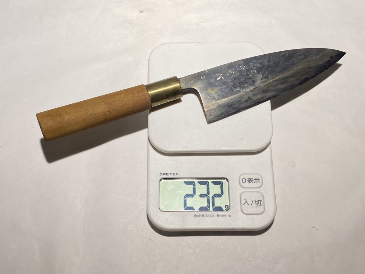 ★J267 光成 作 出刃包丁 日本料理 片刃 職人 本職用 和包丁 日本鋼 作家物 日本刀 中古品 在銘 箱付 長さ:28cm_画像9