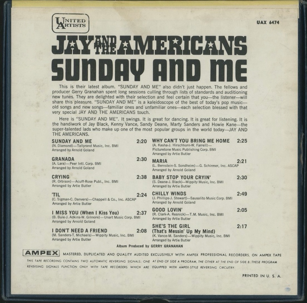 オープンリールテープ JAY & THE AMERICANS / SUNDAY AND ME 7号 9.5cm/s (3 3/4IPS) 4トラック_画像2