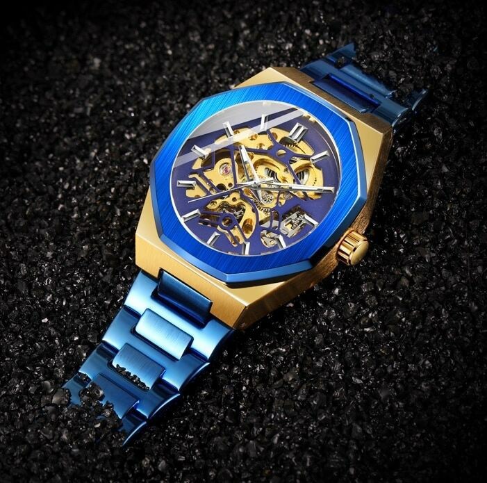 新品 送料無料 3D フルスケルトン 自動巻き 機械式 メンズ 腕時計 ブルー ゴールド