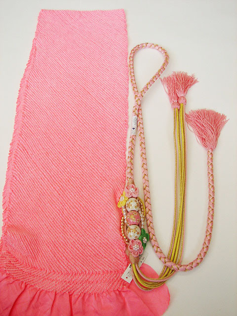 時代屋 新品 振袖用 総絞り 帯揚・豪華 飾り付き 帯〆 セット 正絹 未使用 ピンク色 Bｓ725