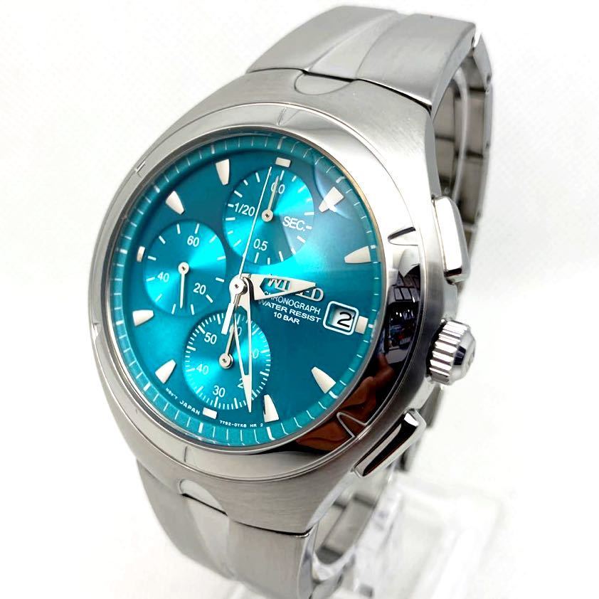 美品 電池新品 送料込 SEIKO ワイアード WIRED グリーン メンズ腕時計 初代クロノグラフ復刻リメイクモデル 7T92-0TB0