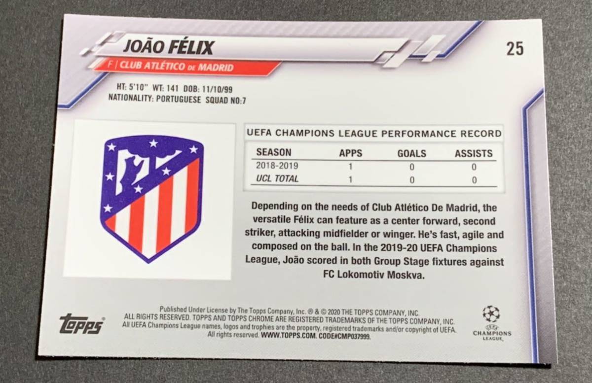 2019-20 Topps Chrome UEFA Champions League Joao Felix 25 Atletico ジョアンフェリックス　アトレティコ_画像2