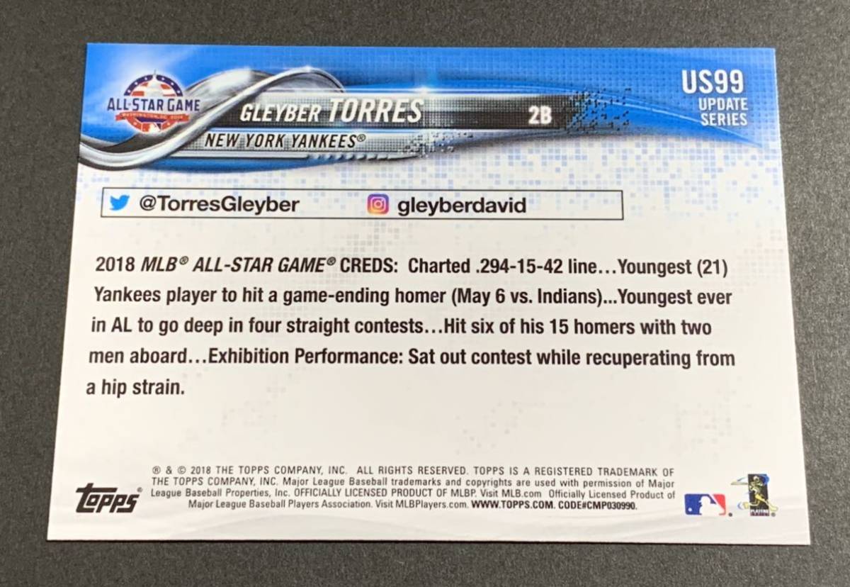 2018 Topps Update Series Gleyber Torres US99 RC Rookie Yankees MLB グレイバートーレス　ルーキー　ヤンキース_画像2