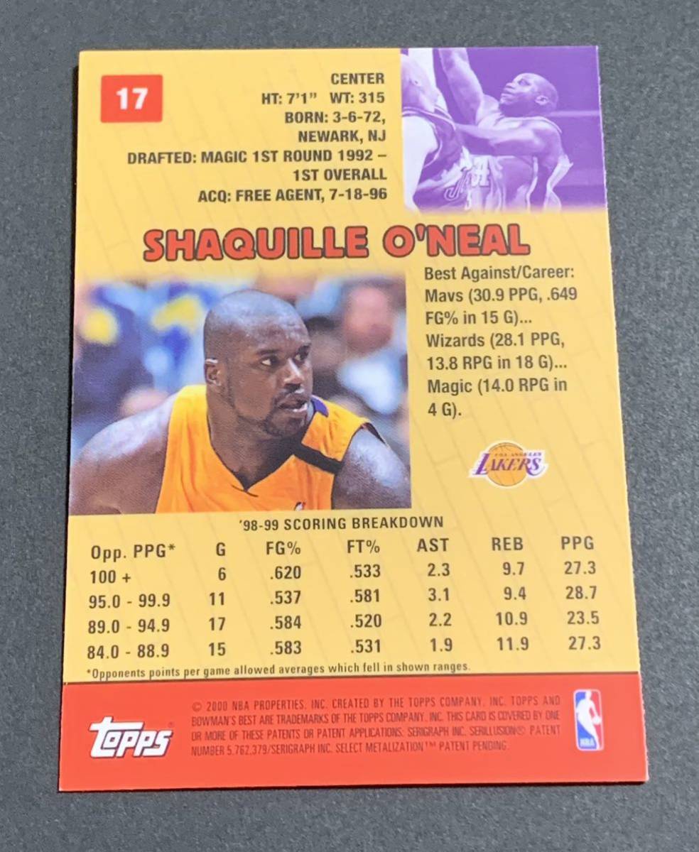 1999-00 Bowman’s Best Shaquille O’Neal 17 Lakers Topps NBA シャキールオニール　レイカーズ_画像2