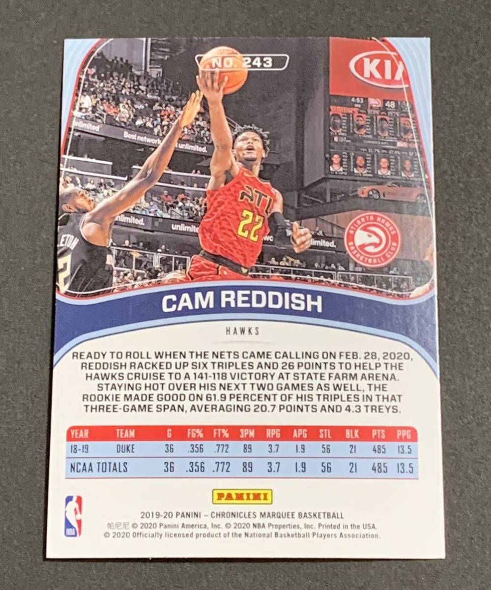 2019-20 Panini Chronicles Marquee Pink Cam Reddish No.243 RC Rookie Hawks NBA キャムレディッシュ　ルーキー　ホークス_画像2