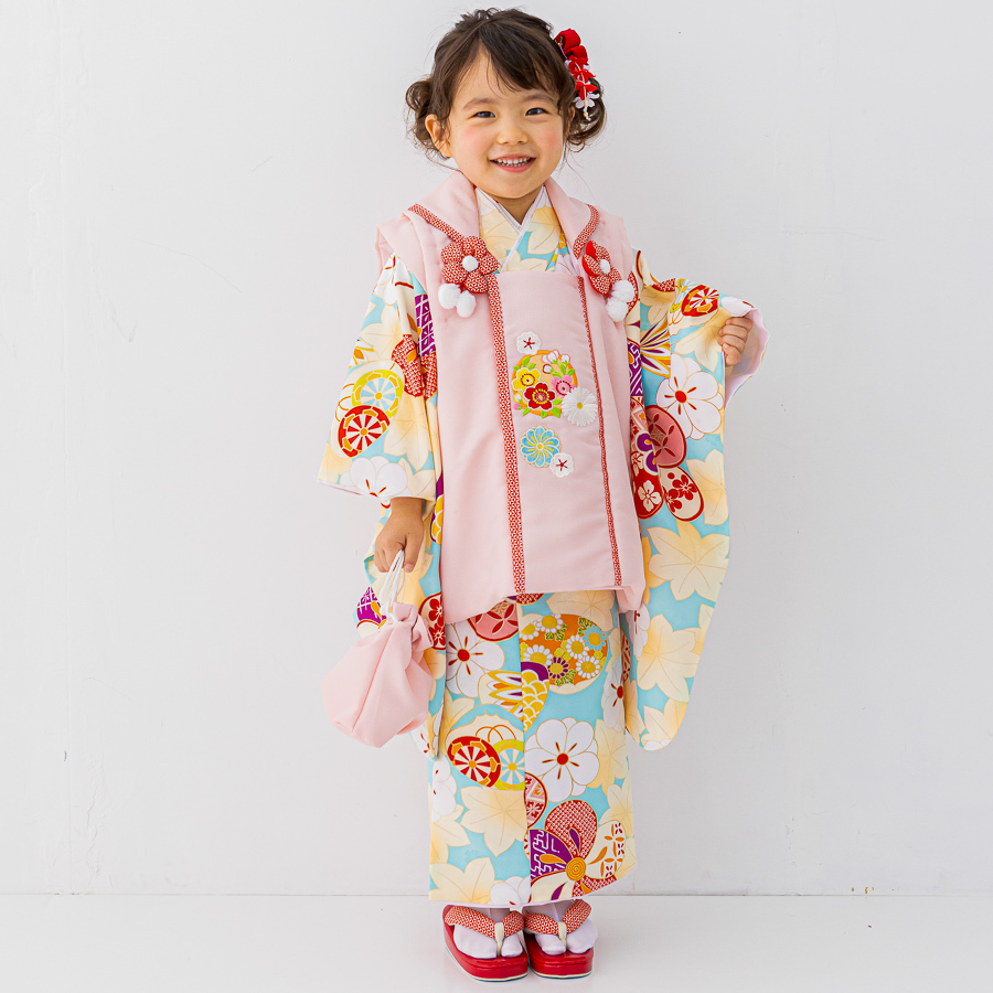 セール商品 七五三 三歳 女児 被布 着物セット 日本製 綸子地 陽気な