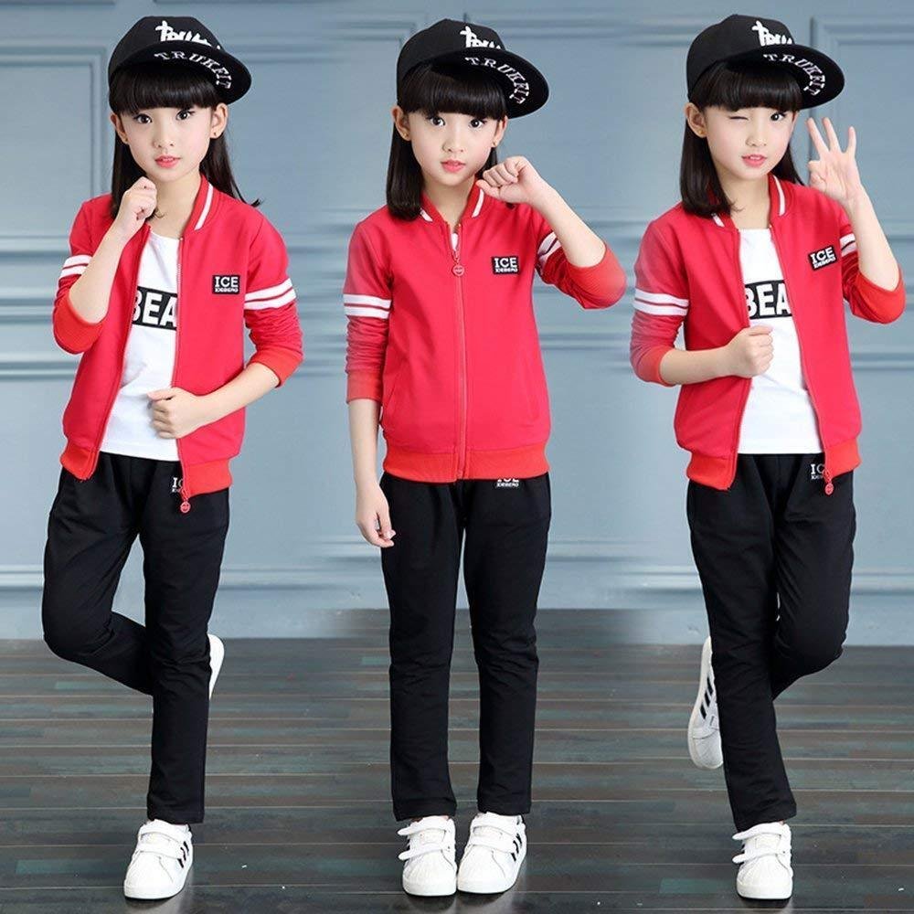 新品未使用 EIMEI 女の子 男の子 ジャージ 子供服 キッズ セットアップ 上下セット＋ｔシャツ ３点セット (150cm, レッド)_画像2