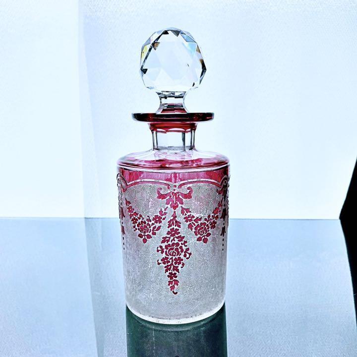 オールドヴァルサンランベール☆Val Saint Lambertバラの香水瓶 パフュームボトル☆ピンク花柄ガーランド デキャンタ ベルギーアンティーク