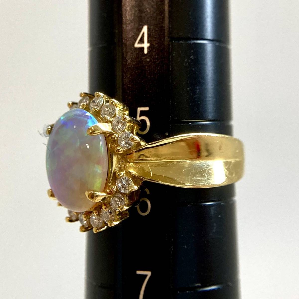 《K18YG(750) 天然ダイヤモンド付き 天然オパールリング》◎4.0g 5.5号 opal diamond ring 指轮 ジュエリー jewelry EB4