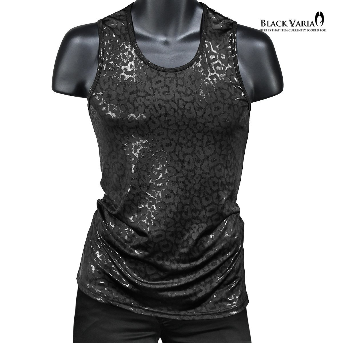 213102-bk BLACK VARIA. leopard print . print Leopard stretch lustre slim thin tank top men's ( black black ) L metallic 
