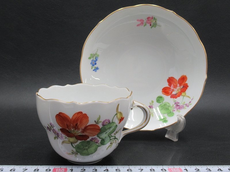 D0836 マイセン Meissen ハンドペイント 二つ花 カップ&ソーサー