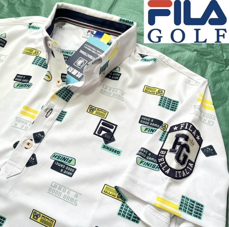 ◆新品【メンズLL(O)/白ホワイト】FILA GOLF フィラ ゴルフ 総柄 リゾート柄 吸汗速乾 UVカット ストレッチ ボタンダウン半袖ポロシャツ_画像1