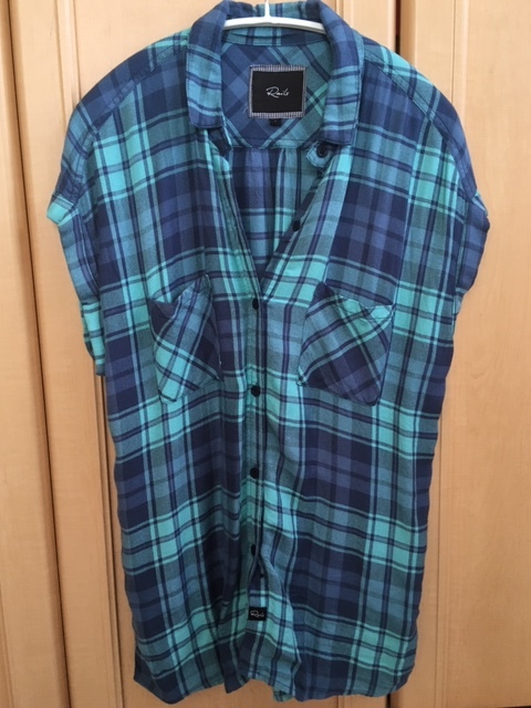  Laile zRails check shirt lady's French sleeve light blue x navy size S( absolute size M-L about )