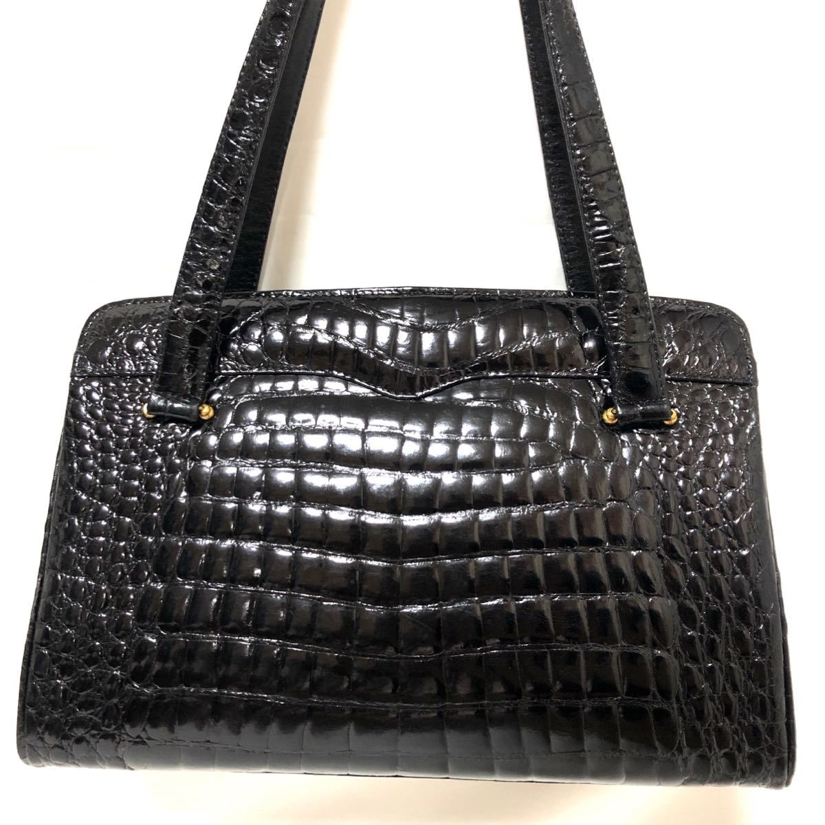 55)極美品「REAL crocodile」○シャイニークロコダイル○黒○ワニ革 【本物新品保証】 リアルクロコダイル バック エキゾチックレザー トートバッグ