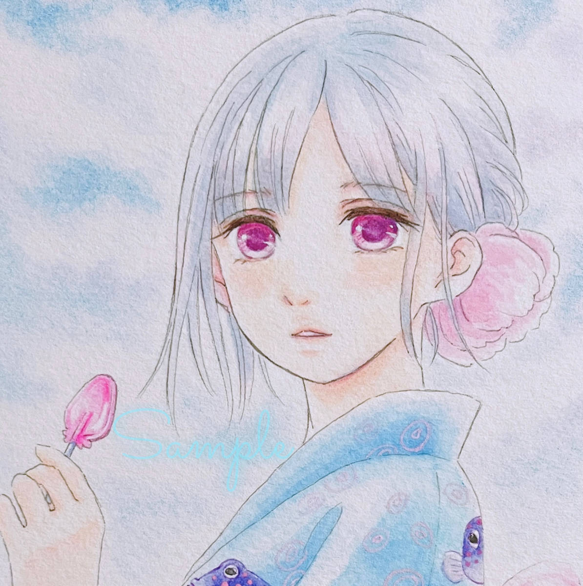 手描きイラスト☆ 夏空　浴衣　女の子_画像1