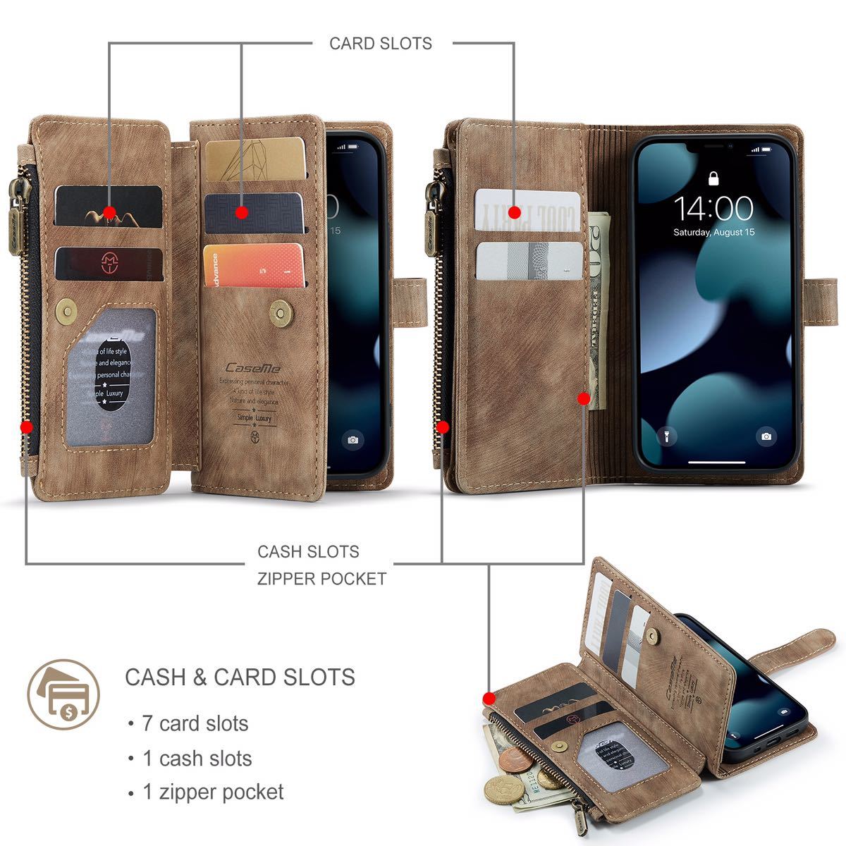 iPhone 11 pro max レザーケース アイフォン11 プロ　マックス　カバー　手帳型 カード収納 ファスナー付き　財布型　brown
