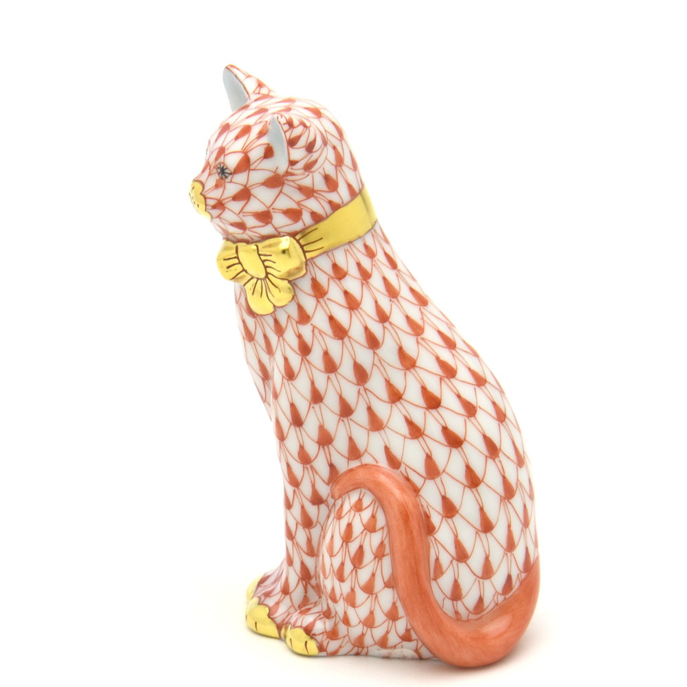ヘレンド(Herend) リボンを付けた猫 フィギュリン 磁器 赤色の鱗模様