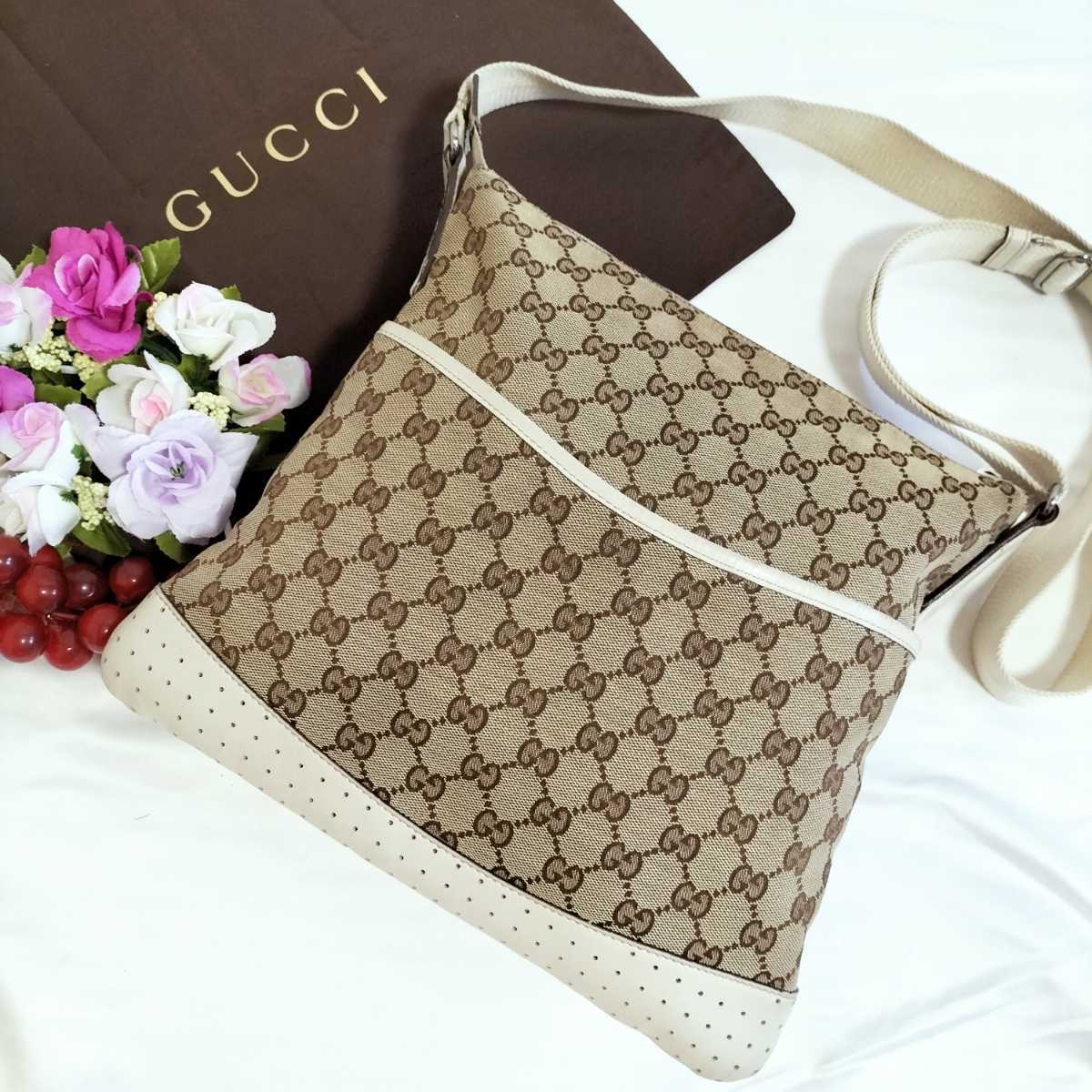 正規品 GUCCI グッチ GGキャンバス ショルダーバッグ パンチングレザー