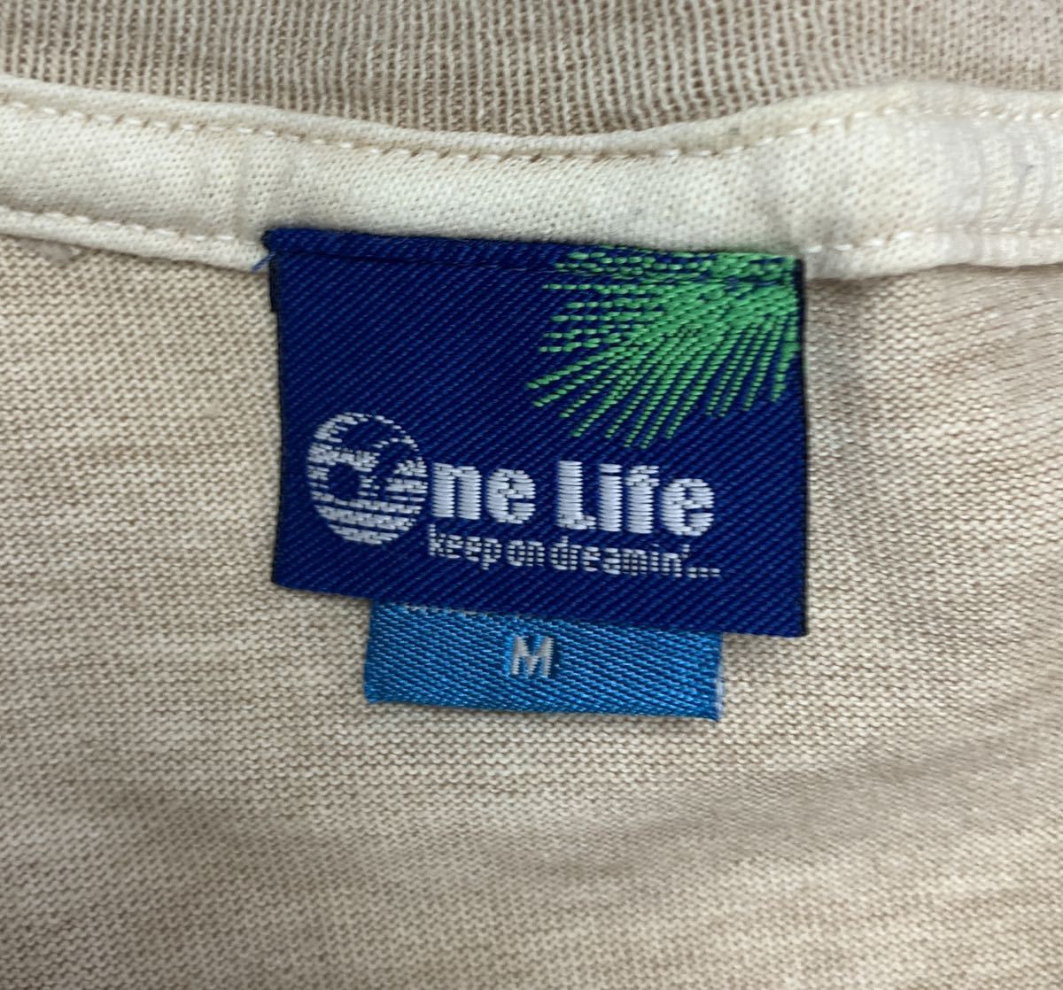 One Life Mサイズ メンズ　ポケットTシャツ 古着　半袖Tシャツ ベージュ　和柄_画像2