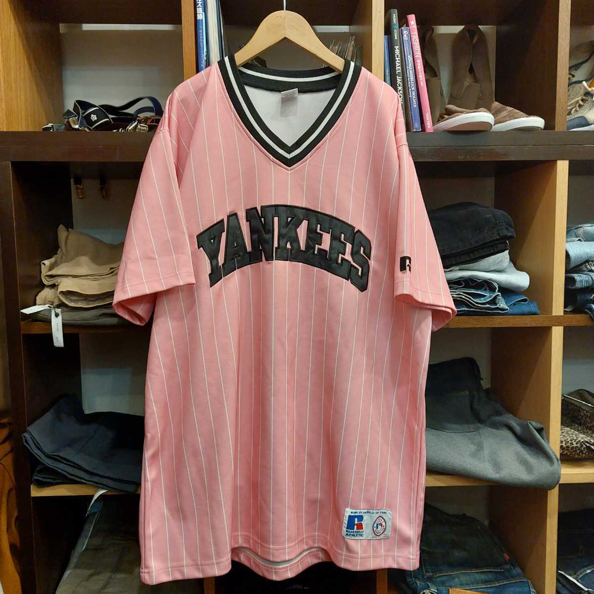 メンズXL MLB RUSSELL ヤンキース 半袖 ベースボール ストライプ ピンク 大き目 シャツ 古着 ラッセル ニューヨーク ゲームシャツ 04H1801