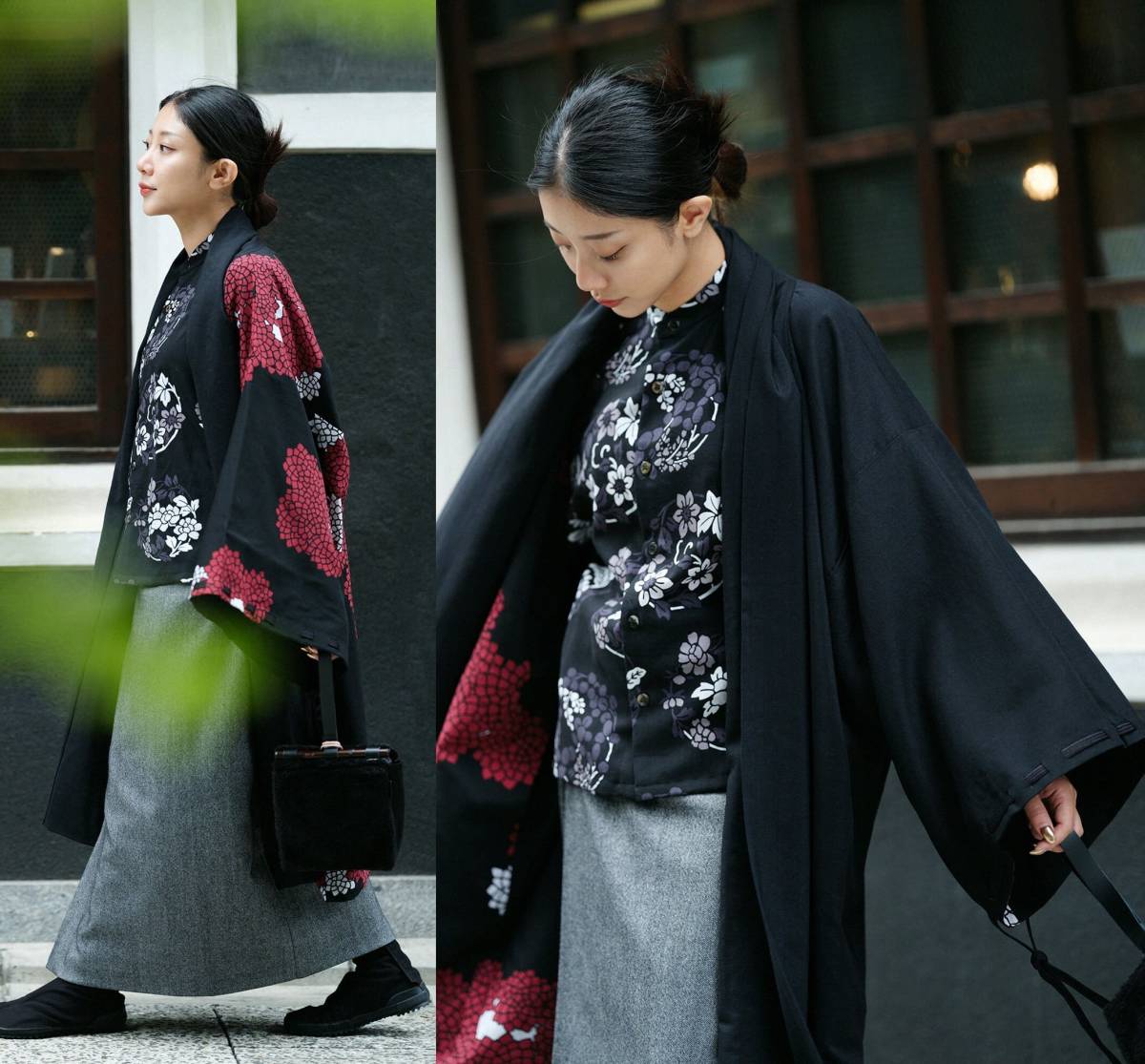 美品 SOU・SOU ソウソウ モスリン(毛) 宮中袖 袷/濡羽色×雲間に菊 羽織りコート L 男女兼用 京都製 着物
