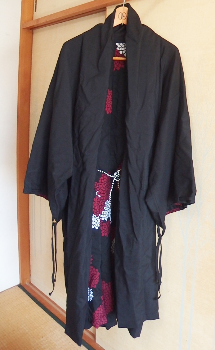 美品 SOU・SOU ソウソウ モスリン(毛) 宮中袖 袷/濡羽色×雲間に菊 羽織りコート L 男女兼用 京都製 着物