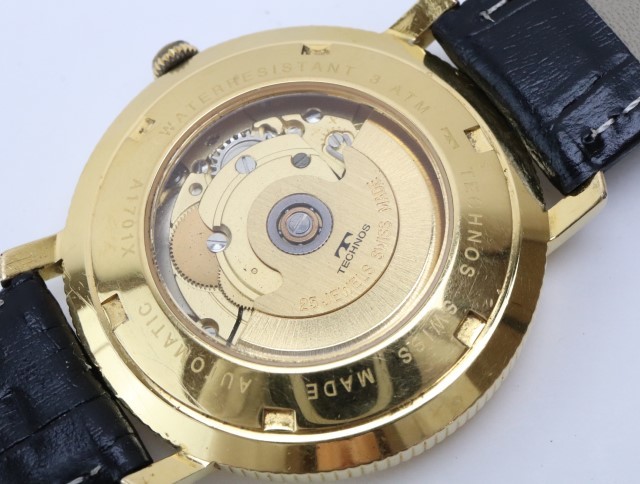 H545 テクノス A1701X オートマチック 腕時計 インカブロック 25石 ETAムーブ 日付 裏スケルトン ローマン数字 金色ケース_画像6