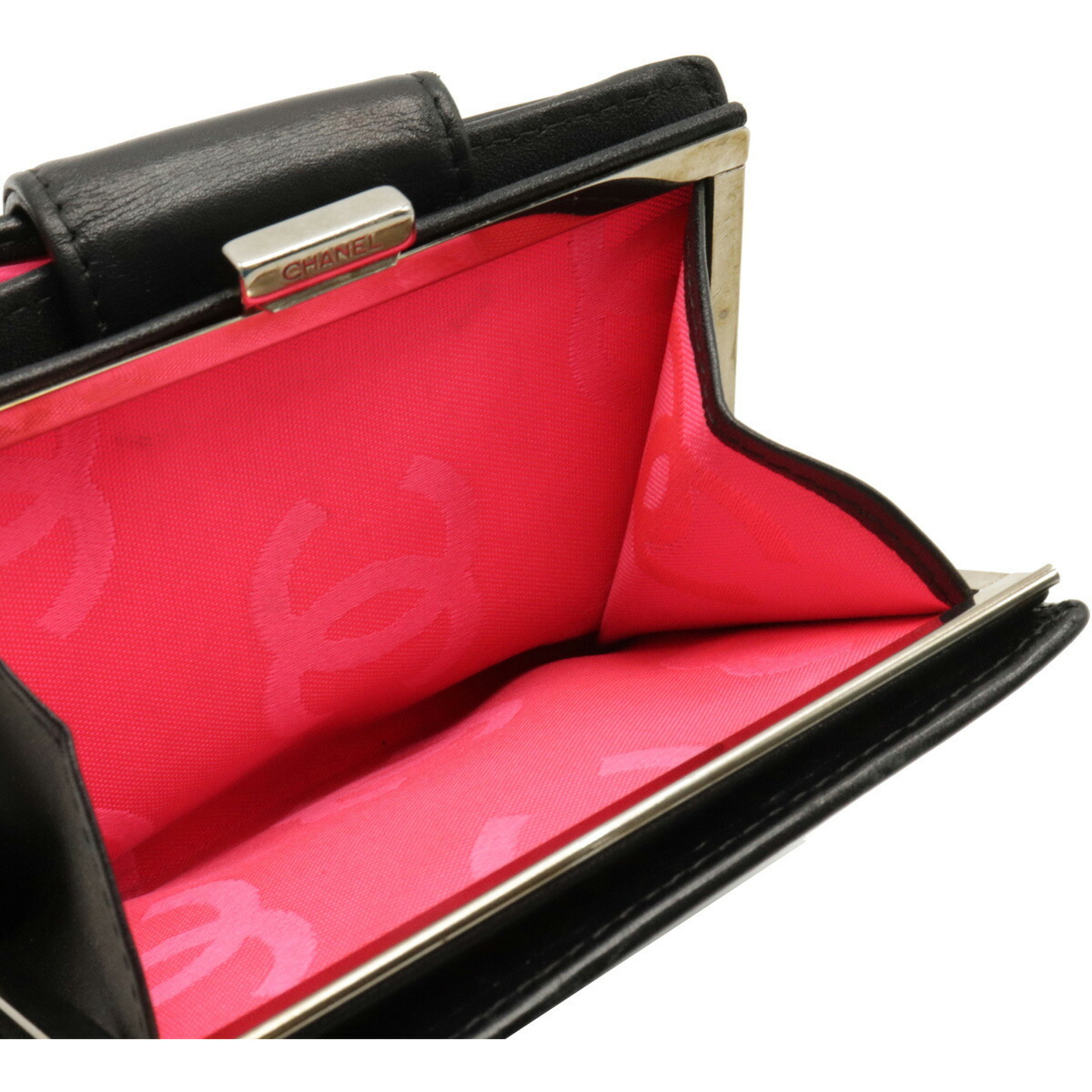 シャネル カンボンライン 二つ折り財布 がま口財布 ブラック 黒 ピンク