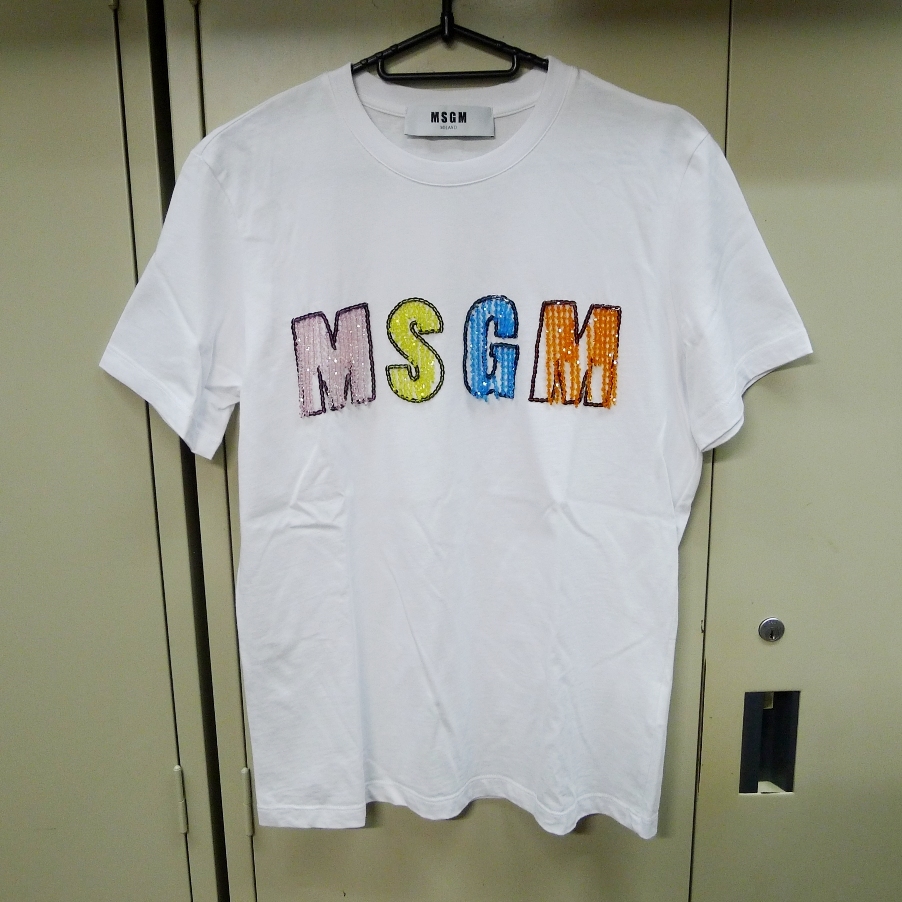 ★MSGM／エムエスジーエム ビジュー スパンコール ビーズロゴ Tシャツ サイズ XS 白